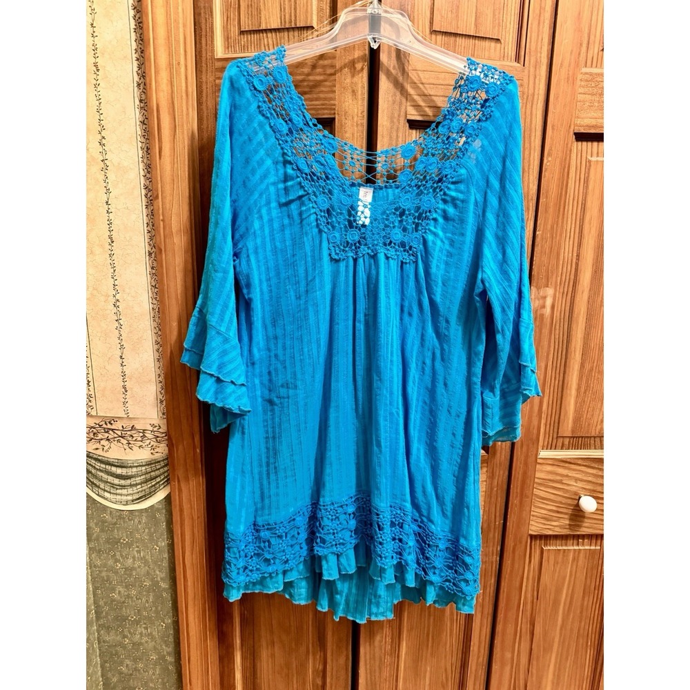 Tee For The Soul Blue Resort Beach Dress‎ Flowy Boho Cotton Size M